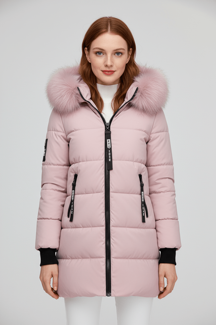 Women's Quilted Insulated Parka Jacket with Fur Collar for Cold Weather Wear Pink