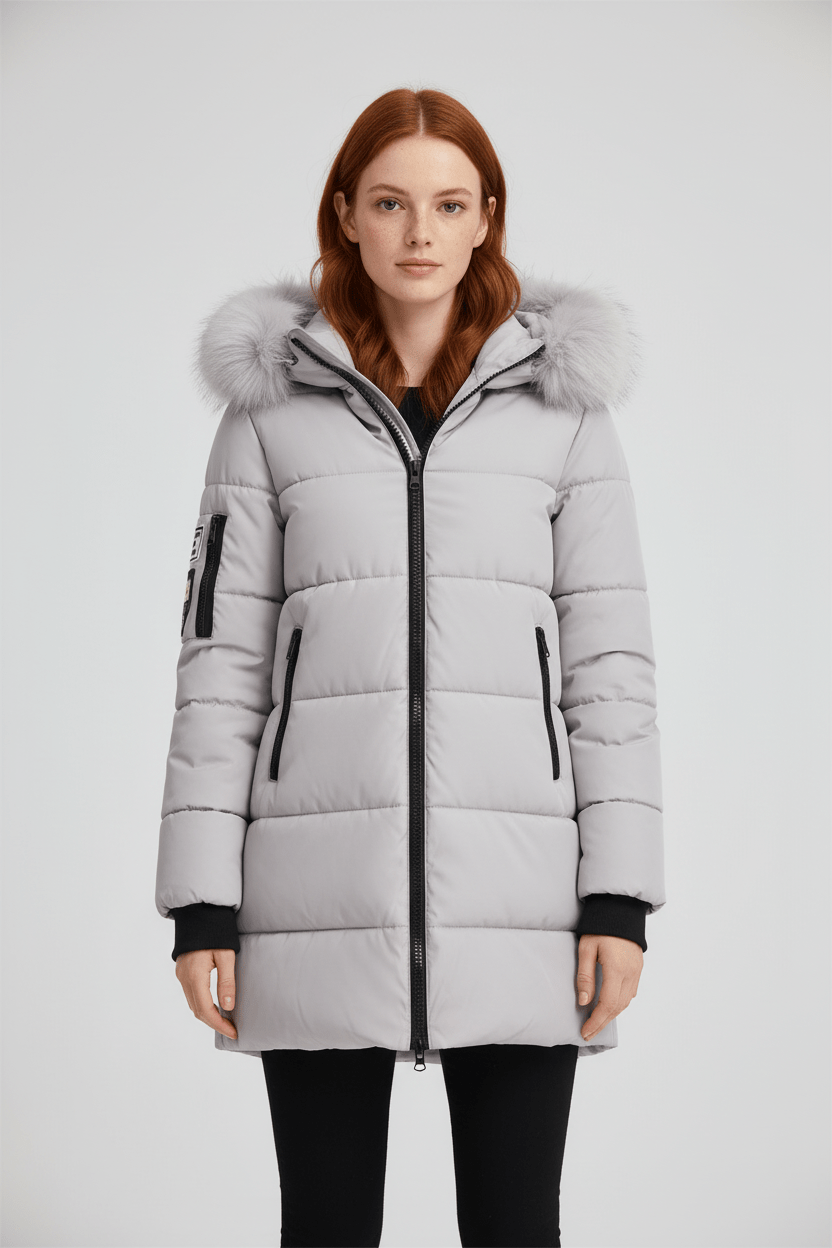 Women's Quilted Insulated Parka Jacket with Fur Collar for Cold Weather Wear Grey