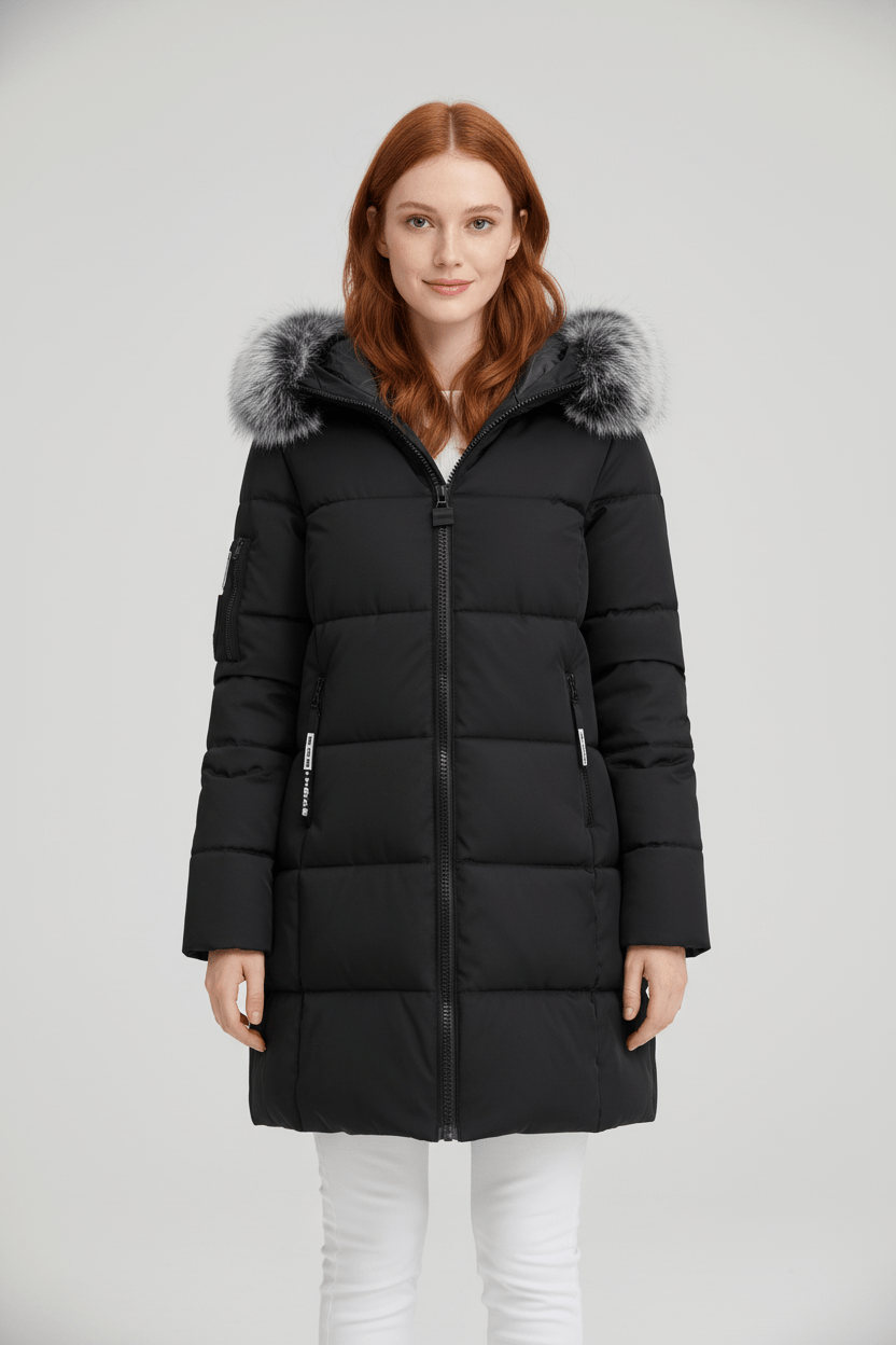 Women's Quilted Insulated Parka Jacket with Fur Collar for Cold Weather Wear Black