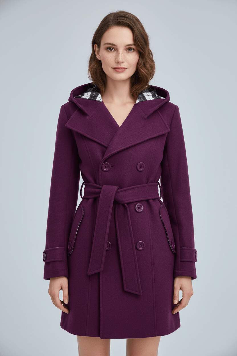 Women's Wool Blend Double-Breasted Hooded Coat Purple
