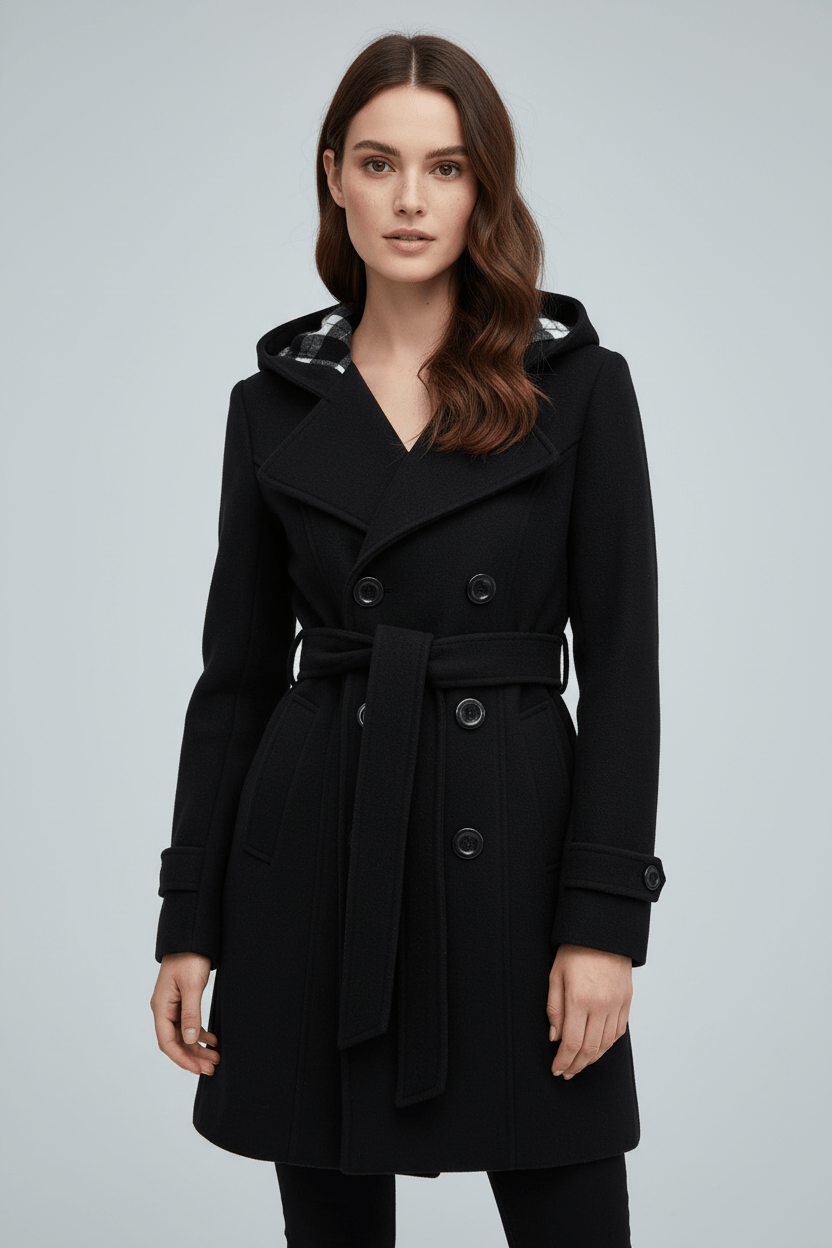 Women's Wool Blend Double-Breasted Hooded Coat Black