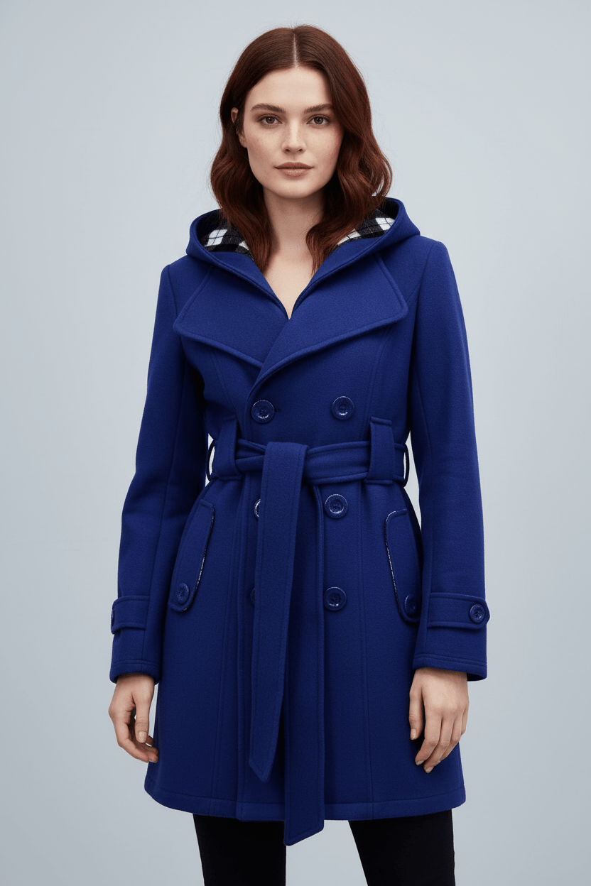 Women's Wool Blend Double-Breasted Hooded Coat Navy