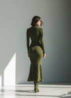 Women's Army Green Stretch Knit High Neck Pleated Maxi Dress for Casual Wear
