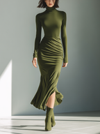 Women's Army Green Stretch Knit High Neck Pleated Maxi Dress for Casual Wear