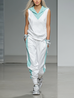 Women's Hooded Tracksuit in White and Teal - Comfortable Athleisure Set