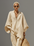 Women's Linen Set - Asymmetric Hem, Minimalist Design - Casual Daily Wear