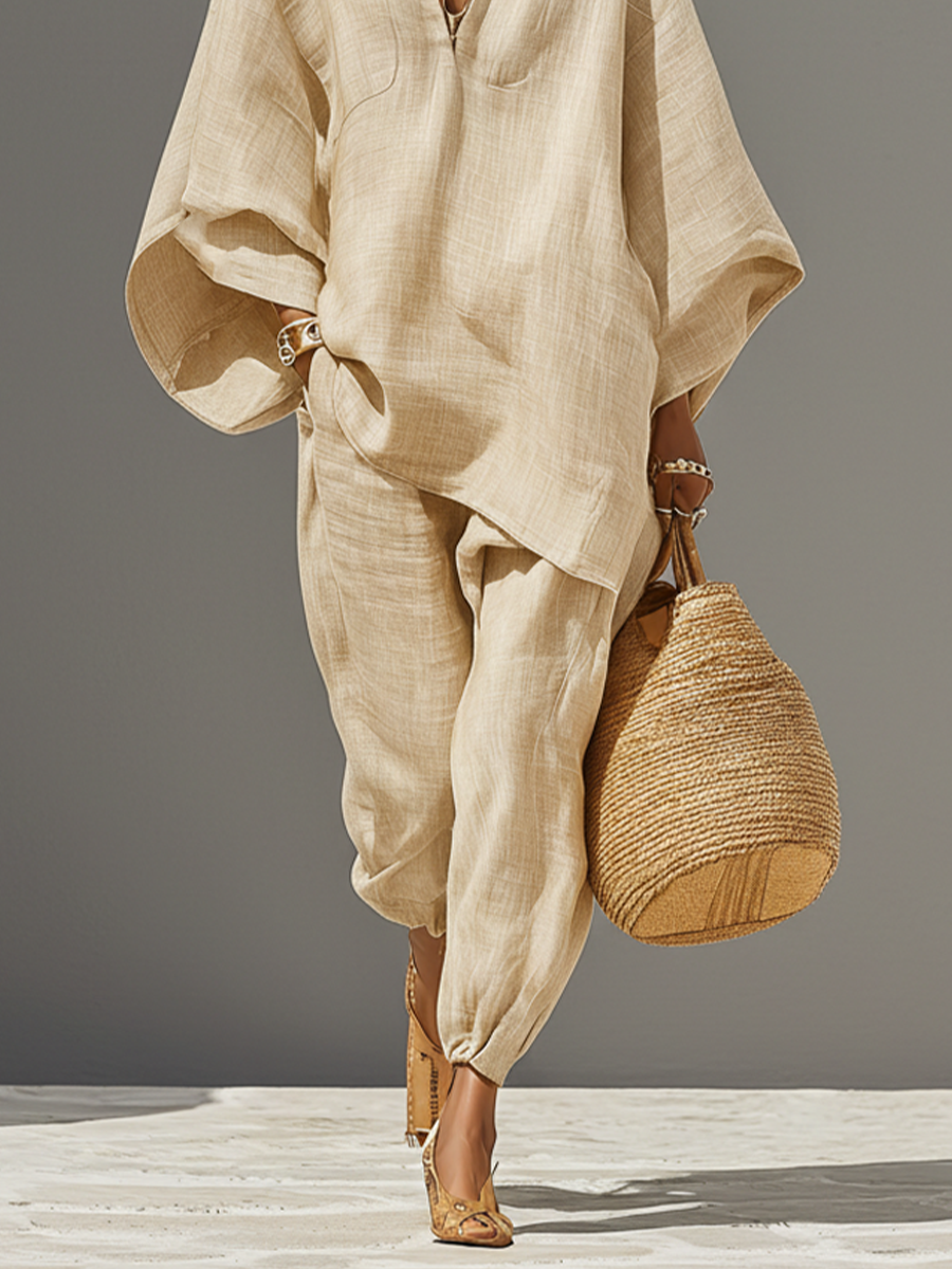 Women's Linen Set - Asymmetric Hem, Minimalist Design - Casual Daily Wear