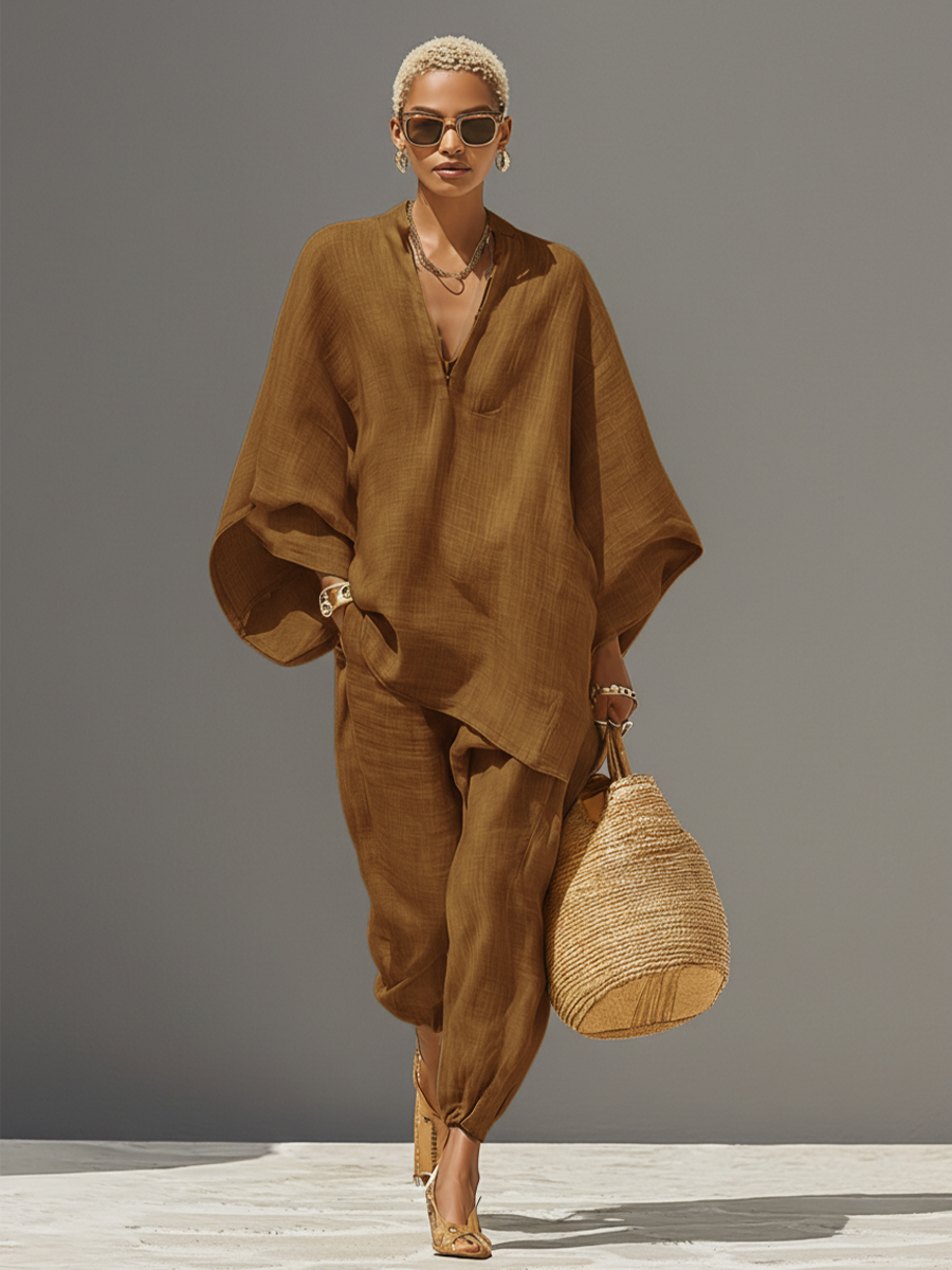 Women's Linen Set - Asymmetric Hem, Minimalist Design - Casual Daily Wear
