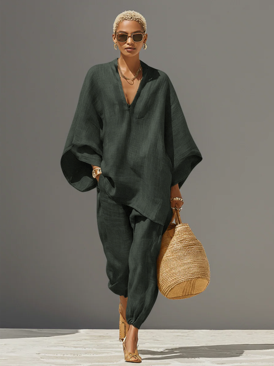 Women's Linen Set - Asymmetric Hem, Minimalist Design - Casual Daily Wear