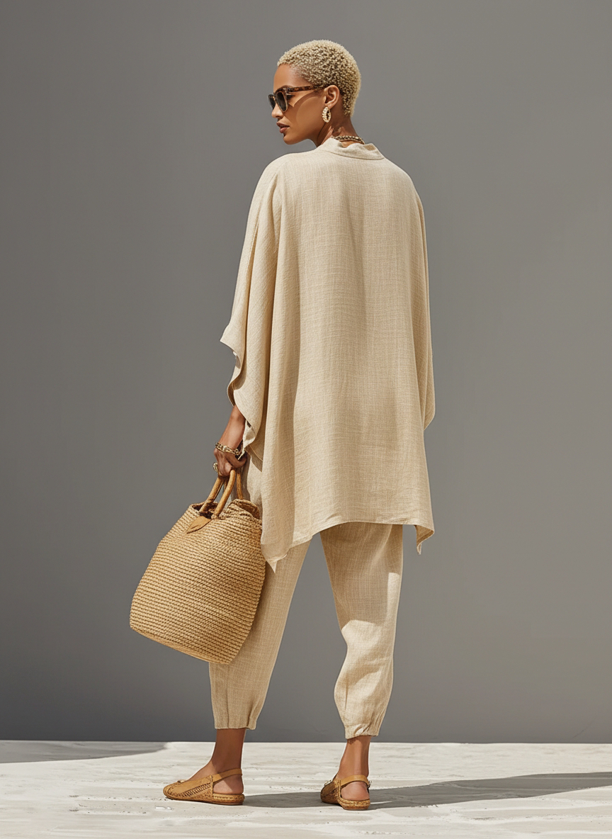 Women's Linen Set - Asymmetric Hem, Minimalist Design - Casual Daily Wear