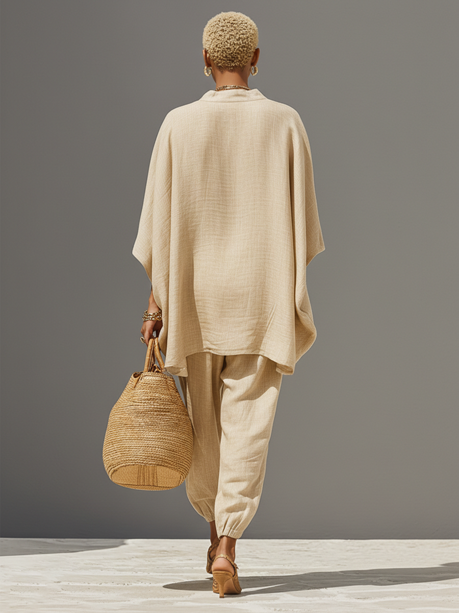 Women's Linen Set - Asymmetric Hem, Minimalist Design - Casual Daily Wear