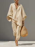 Women's Linen Set - Asymmetric Hem, Minimalist Design - Casual Daily Wear