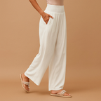 Women's Linen Trousers - Elastic Waist, Straight Leg Design for Casual Wear