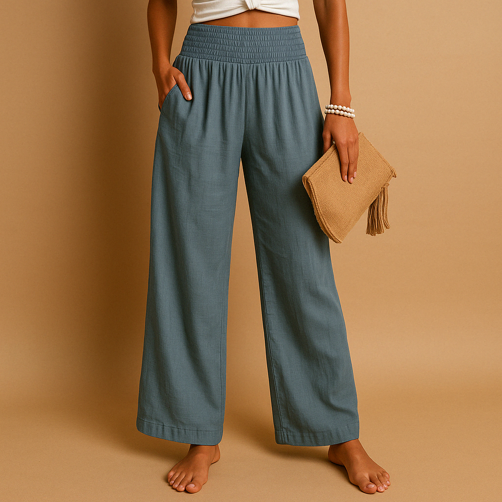 Women's Linen Trousers - Elastic Waist, Straight Leg Design for Casual Wear