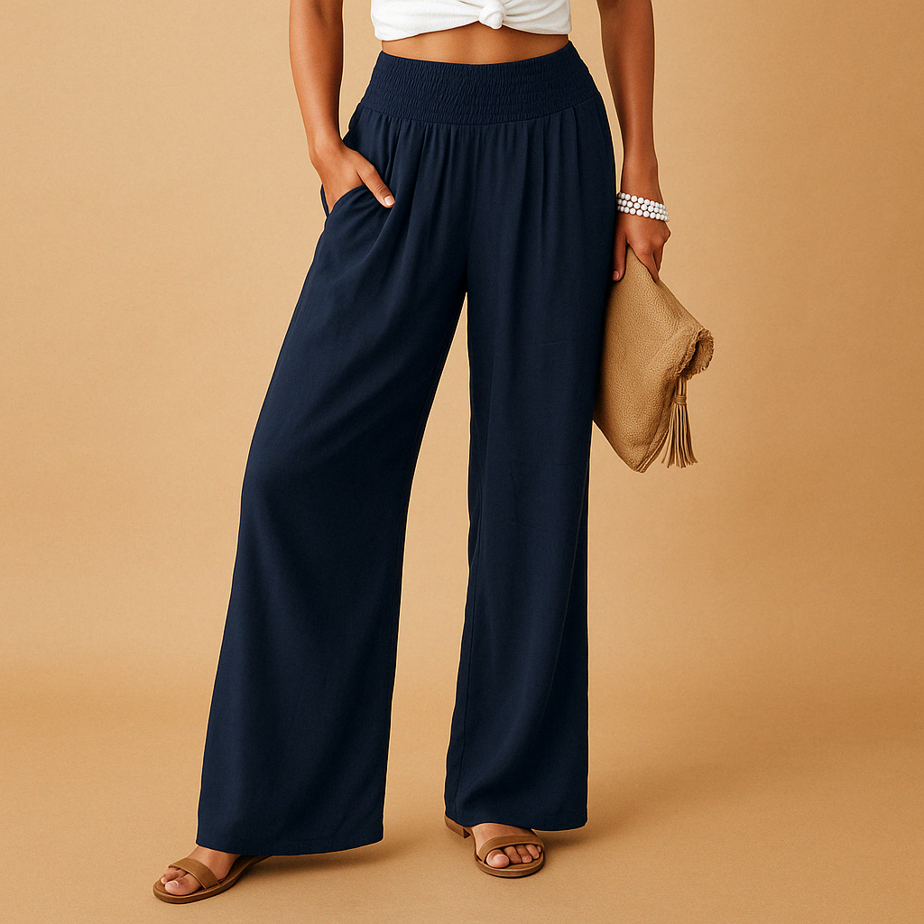 Women's Linen Trousers - Elastic Waist, Straight Leg Design for Casual Wear