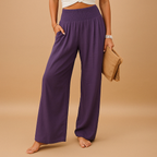Women's Linen Trousers - Elastic Waist, Straight Leg Design for Casual Wear