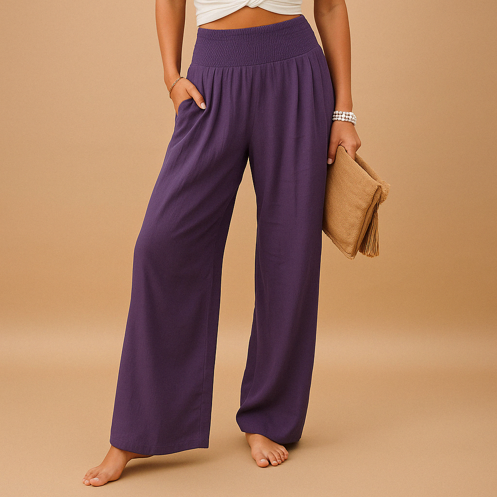 Women's Linen Trousers - Elastic Waist, Straight Leg Design for Casual Wear