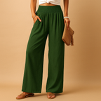 Women's Linen Trousers - Elastic Waist, Straight Leg Design for Casual Wear