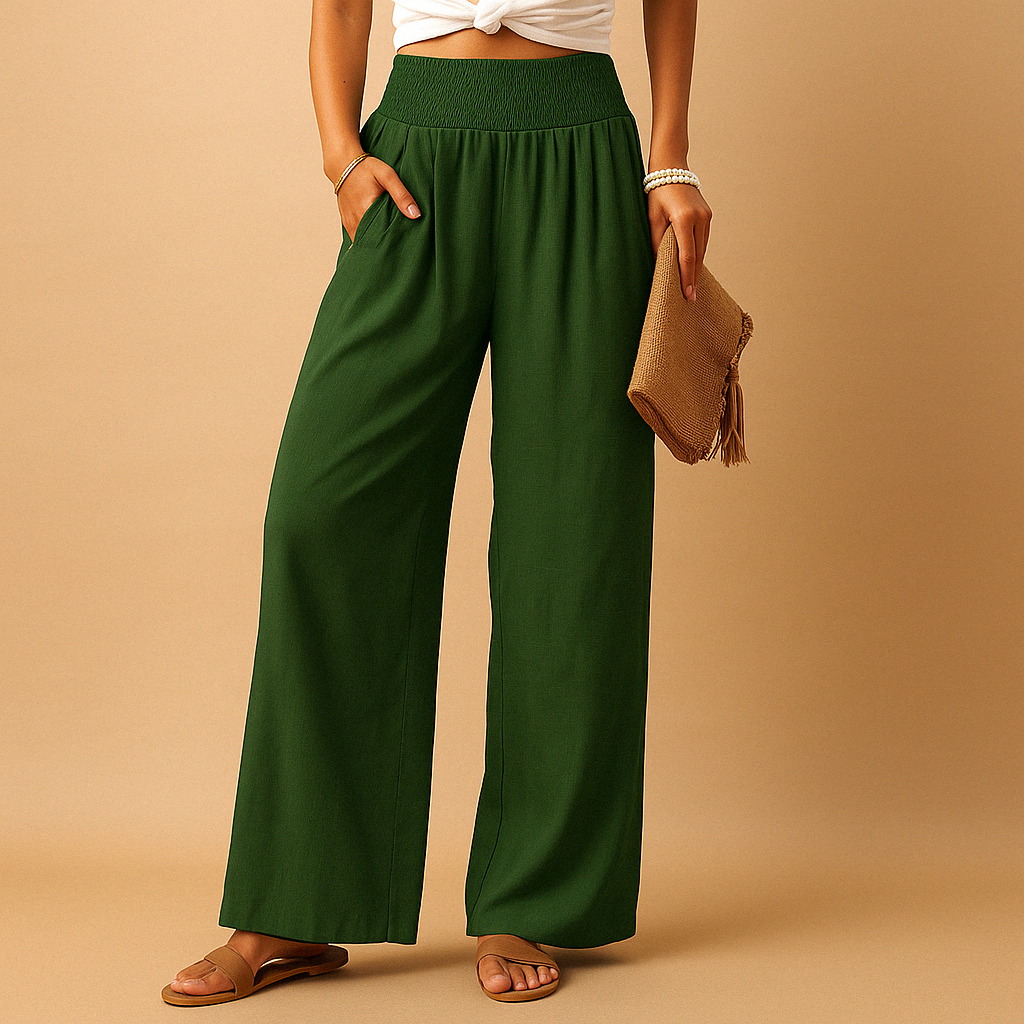 Women's Linen Trousers - Elastic Waist, Straight Leg Design for Casual Wear