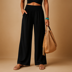 Women's Linen Trousers - Elastic Waist, Straight Leg Design for Casual Wear