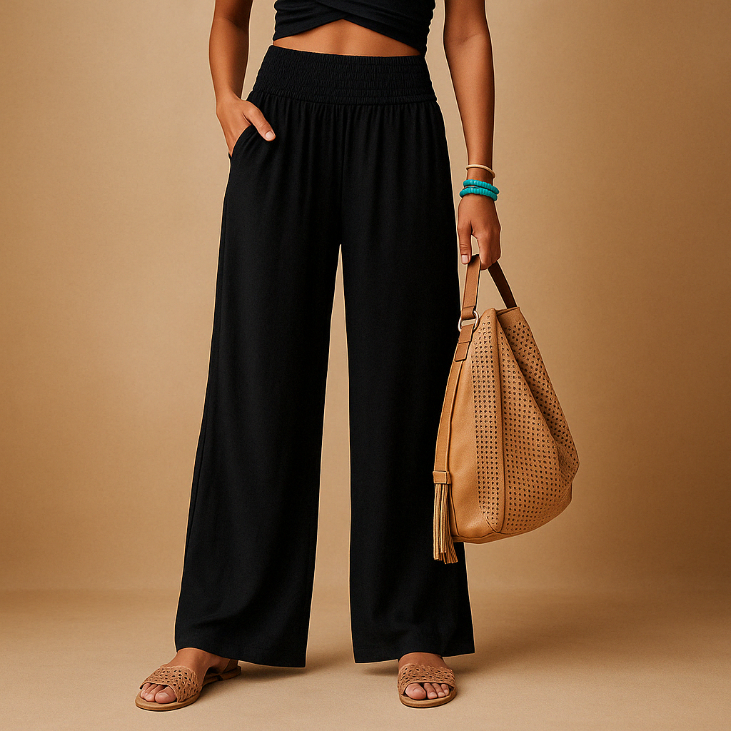 Women's Linen Trousers - Elastic Waist, Straight Leg Design for Casual Wear