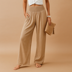 Women's Linen Trousers - Elastic Waist, Straight Leg Design for Casual Wear