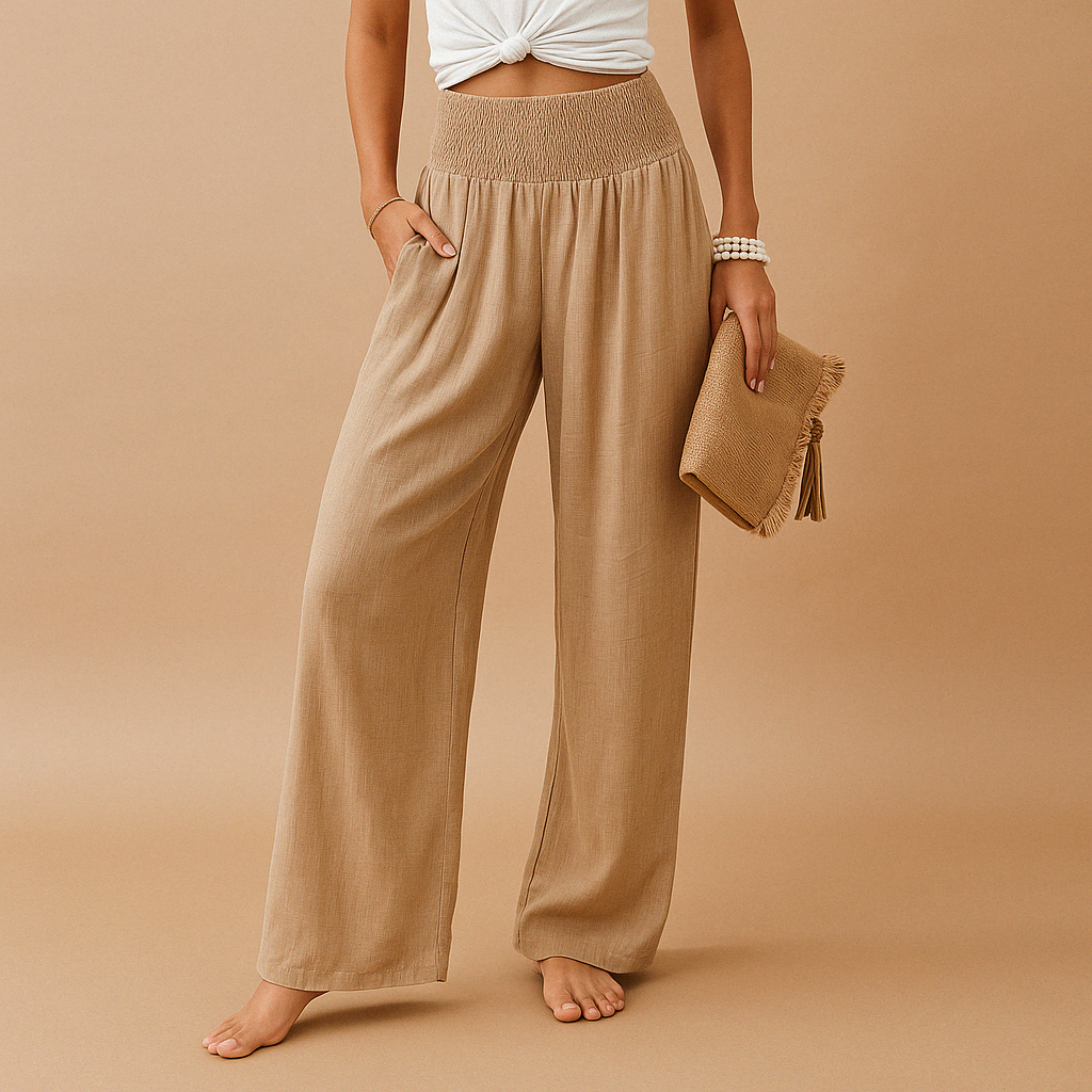 Women's Linen Trousers - Elastic Waist, Straight Leg Design for Casual Wear