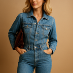 Women's Long-Sleeve Denim Jumpsuit | Casual Style for Everyday Wear | Comfortable Fit and Versatile Design