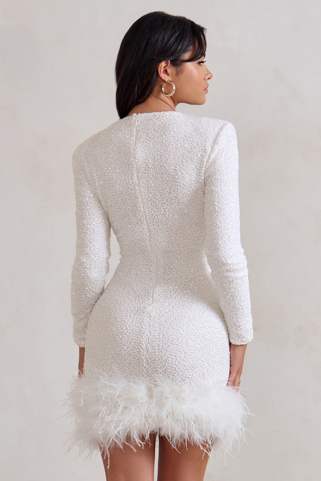Women's Long Sleeve Mini Dress with Feather Hem Detail for Casual or Evening Wear