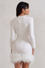 Women's Long Sleeve Mini Dress with Feather Hem Detail for Casual or Evening Wear