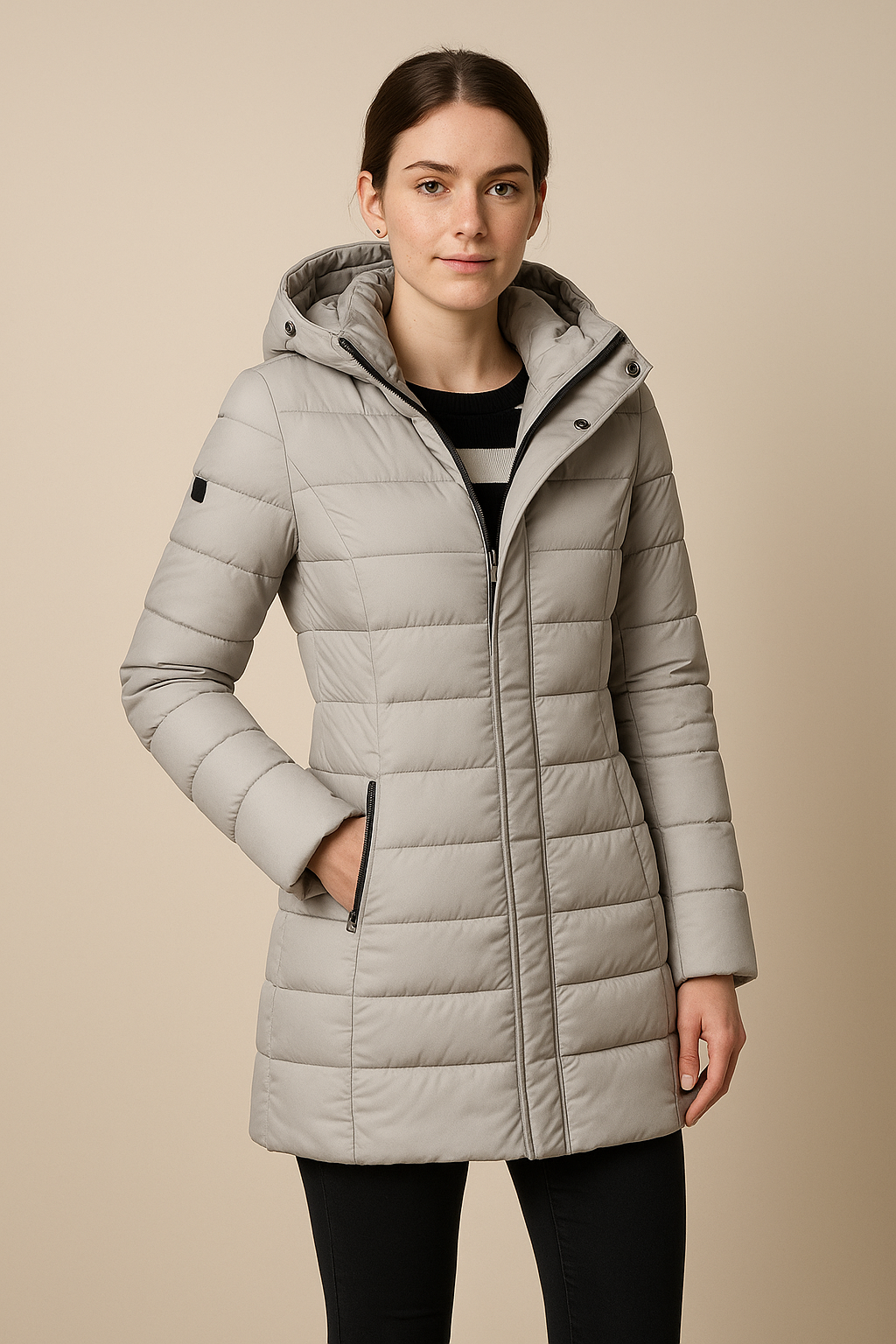 Women's Quilted Puffer Jacket with Detachable Hood - Slim Fit Winter Coat for Cold Weather Fashion White