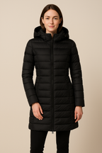 Women's Quilted Puffer Jacket with Detachable Hood - Slim Fit Winter Coat for Cold Weather Fashion Black