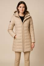 Women's Quilted Puffer Jacket with Detachable Hood - Slim Fit Winter Coat for Cold Weather Fashion Beige