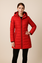 Women's Quilted Puffer Jacket with Detachable Hood - Slim Fit Winter Coat for Cold Weather Fashion Red