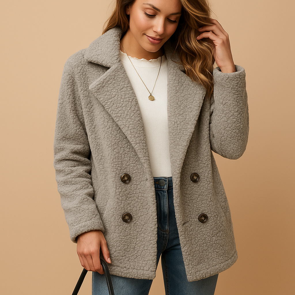 Women's Short Teddy Winter Coat - Button Fastening, Cozy Faux Fur Design Light Grey