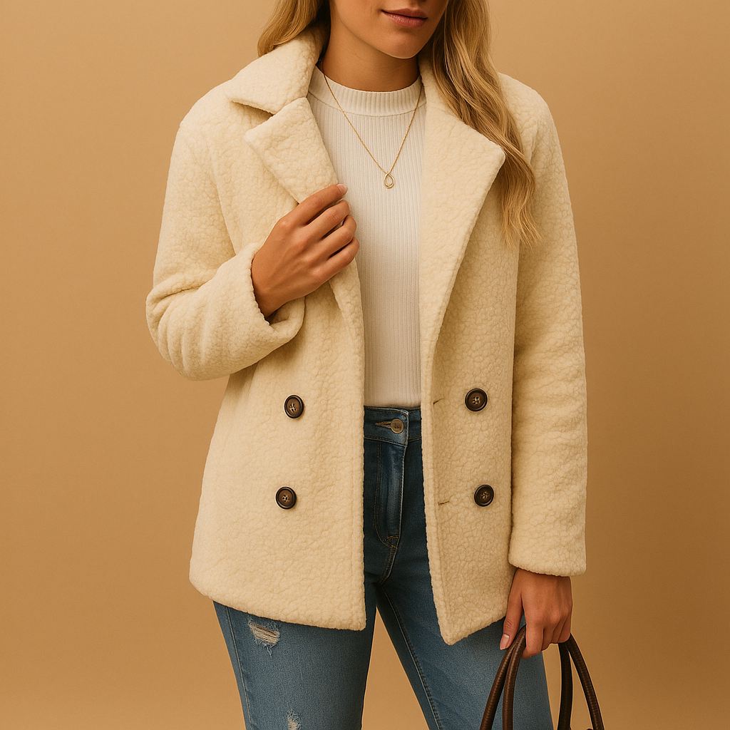 Women's Short Teddy Winter Coat - Button Fastening, Cozy Faux Fur Design