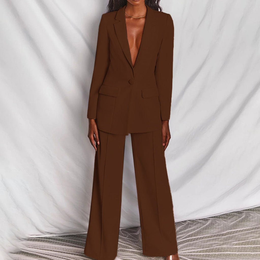 Women's Slim Fit Blazer and Trouser Set - Classic Business Attire for Professional Wear - Elegant Tailored Design