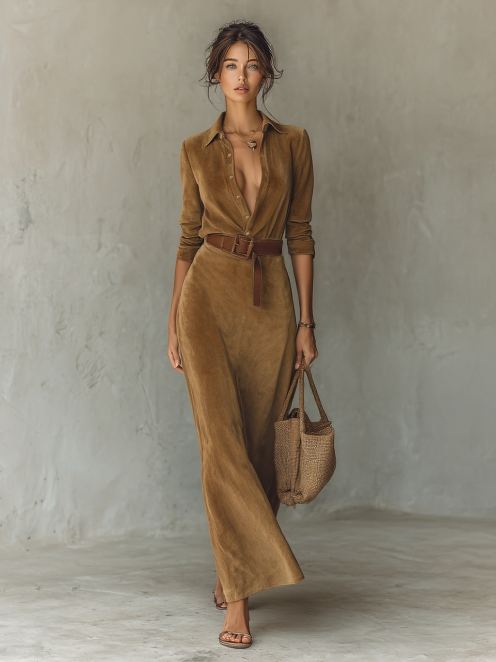 Women's Suede Maxi Dress with Lapel and Belt - Single-Breasted Style