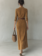Women's Suede Maxi Dress with Lapel and Belt - Single-Breasted Style