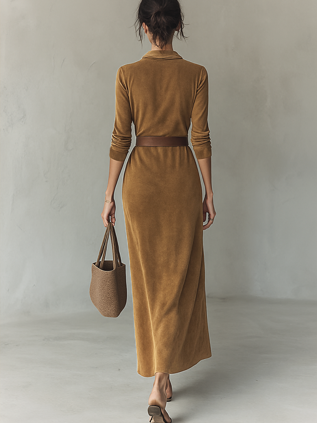 Women's Suede Maxi Dress with Lapel and Belt - Single-Breasted Style