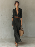 Women's Suede Maxi Dress with Lapel and Belt - Single-Breasted Style