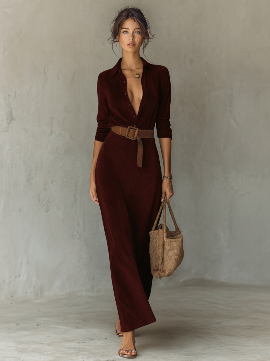 Women's Suede Maxi Dress with Lapel and Belt - Single-Breasted Style
