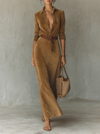 Women's Suede Maxi Dress with Lapel and Belt - Single-Breasted Style