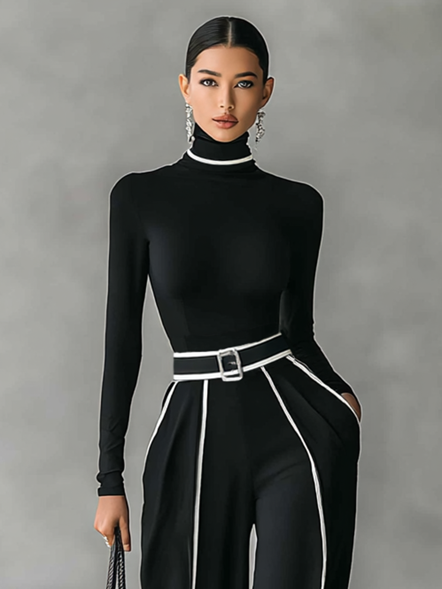 Women's Turtleneck Long Sleeve Top with Wide Leg Pants Two-Piece Set