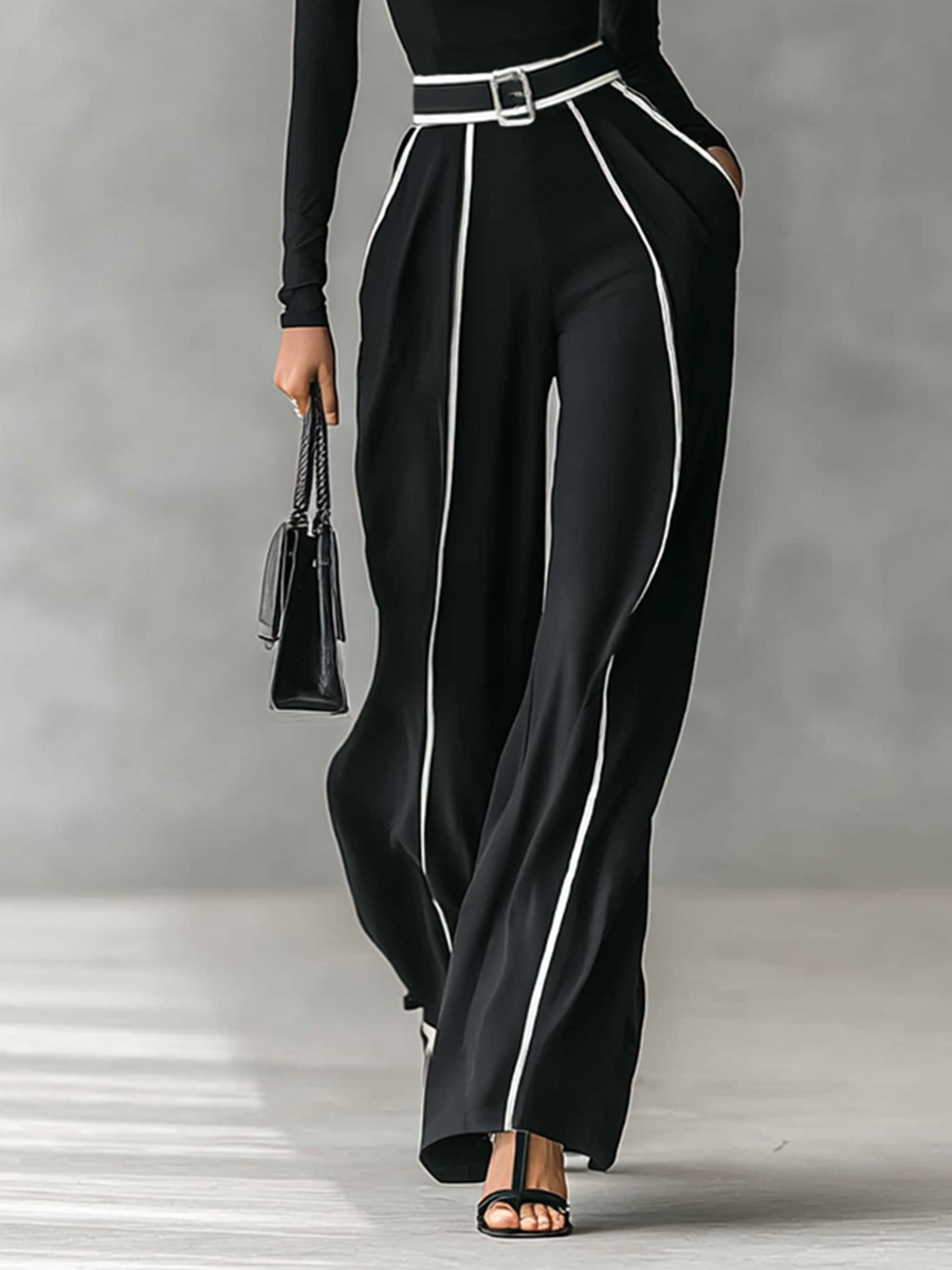 Women's Turtleneck Long Sleeve Top with Wide Leg Pants Two-Piece Set