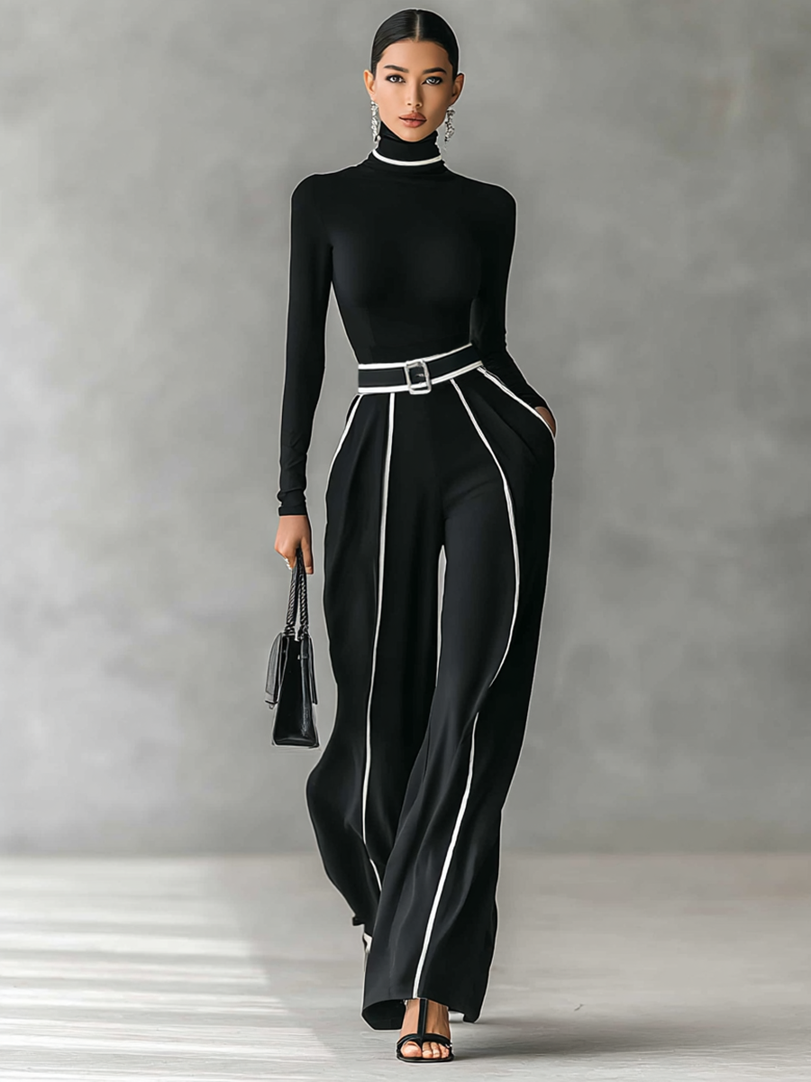Women's Turtleneck Long Sleeve Top with Wide Leg Pants Two-Piece Set