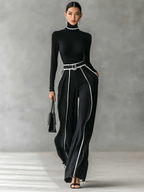 Women's Turtleneck Long Sleeve Top with Wide Leg Pants Two-Piece Set