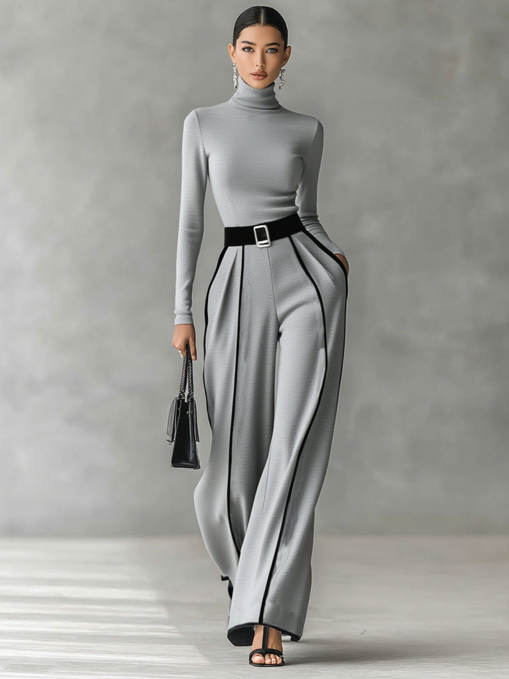 Women's Turtleneck Long Sleeve Top with Wide Leg Pants Two-Piece Set