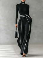 Women's Turtleneck Long Sleeve Top with Wide Leg Pants Two-Piece Set