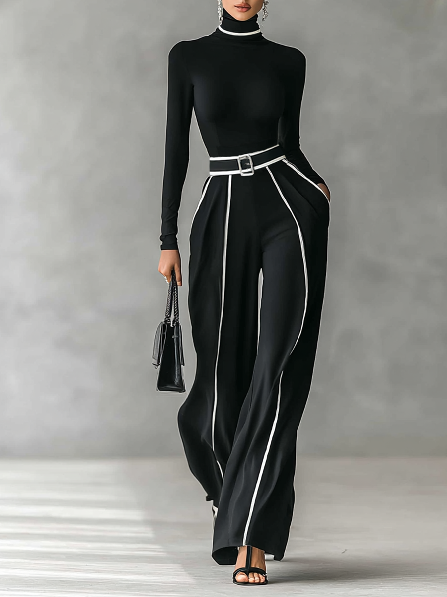 Women's Turtleneck Long Sleeve Top with Wide Leg Pants Two-Piece Set
